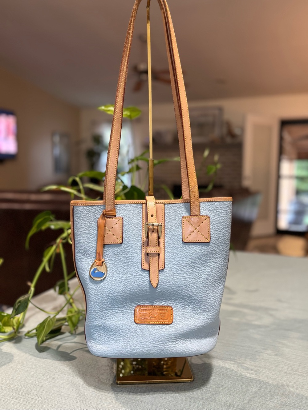 RARE Early Dooney & Bourke Light Blue Leather Shoulder Bag with Natural Tan Trim